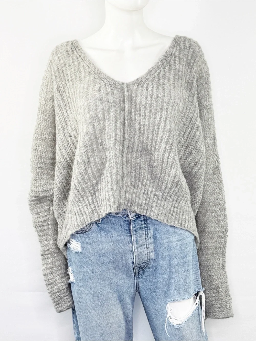Free People Gray Oversized Knit Sweater Slouchy V Neck Cozy Boho Size M